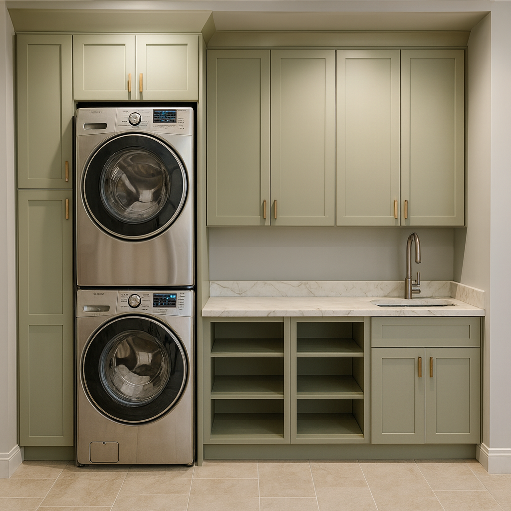 AI design rendering of the Waterloo laundry room with stacked appliances and sage cabinetry