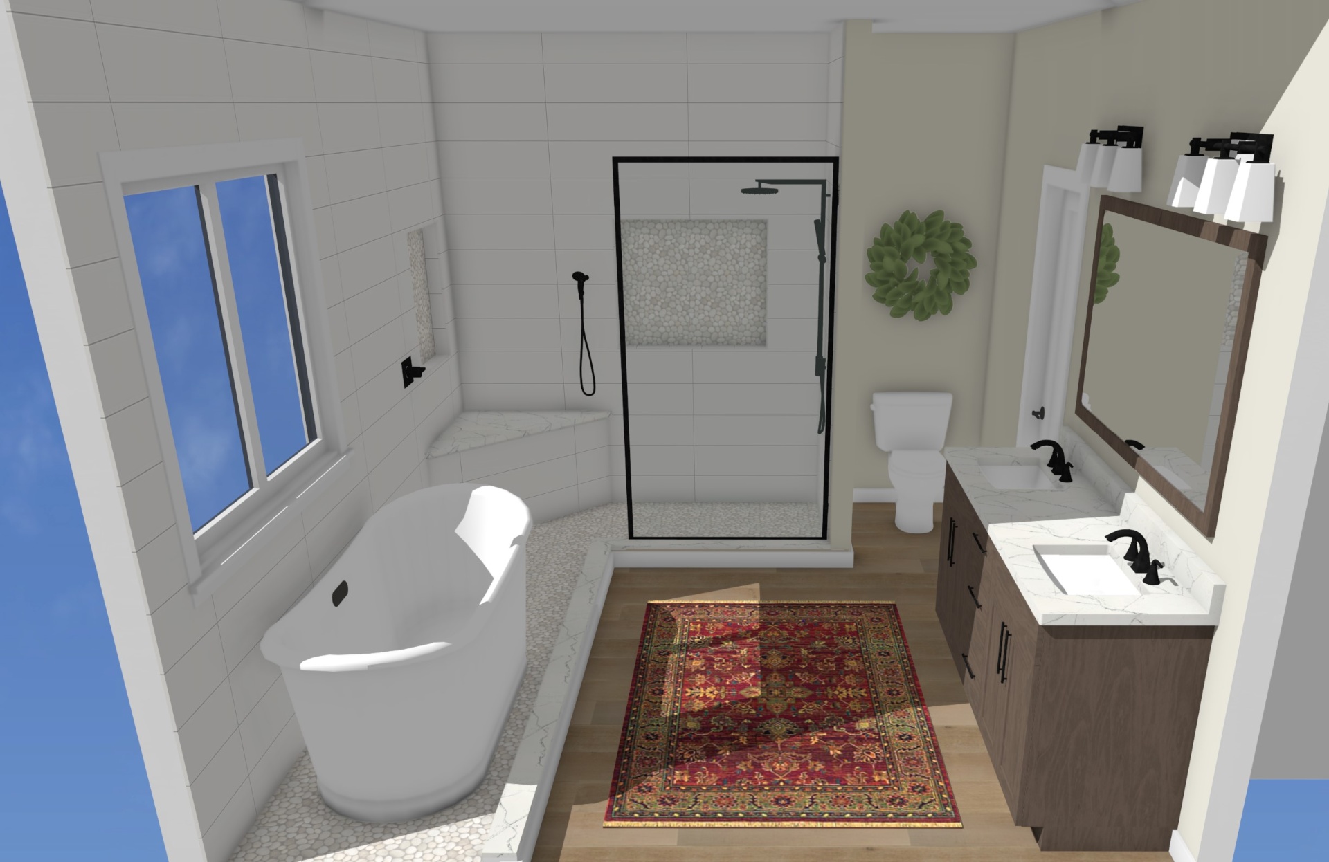3D rendering of Cedar Falls spa bathroom showing freestanding tub, walk-in shower, and double vanity