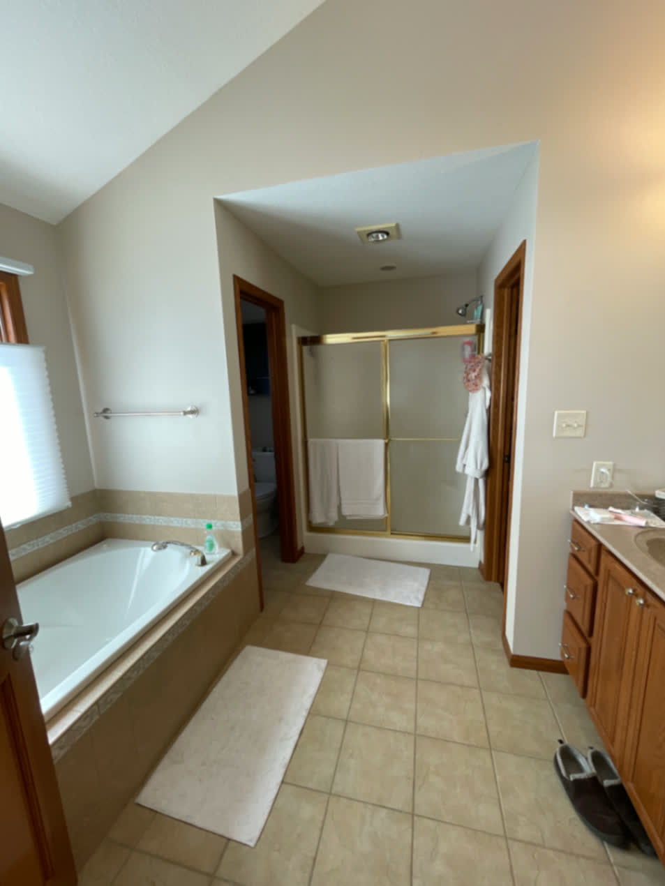 Bathroom before renovation in Cedar Falls showing the built-in tub and enclosed shower
