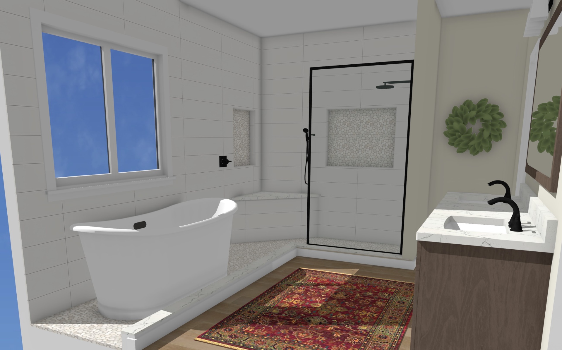 3D rendering showing tub and walk-in shower with black-framed glass enclosure