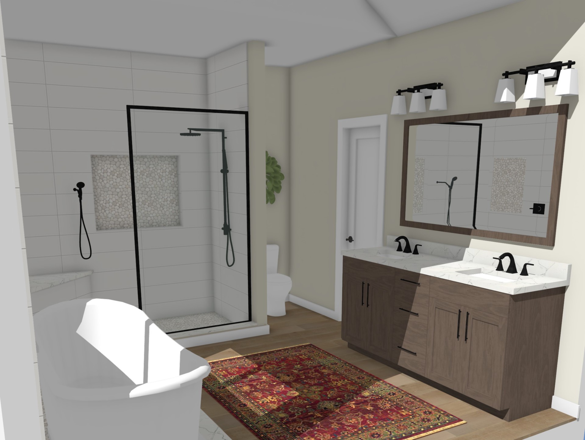 3D rendering of double vanity, mirror, and shower opposite view in Cedar Falls bathroom