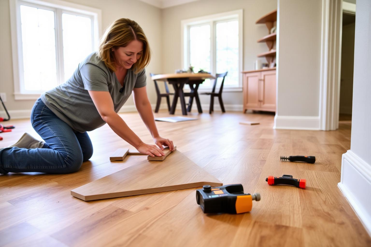 Homeowner installing click-lock luxury vinyl plank flooring in a Cedar Valley Iowa home