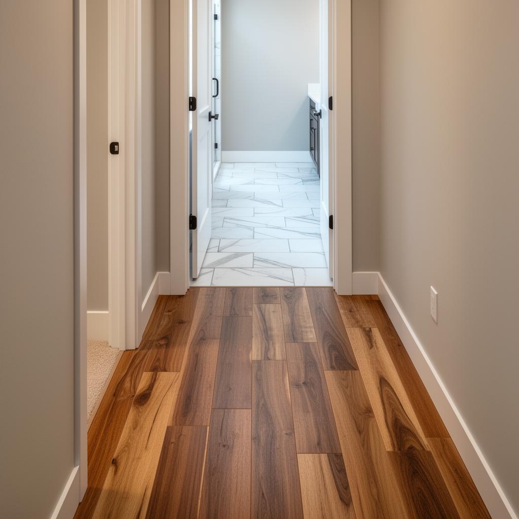 Wood flooring in hallway transitioning to tile flooring in bathroom