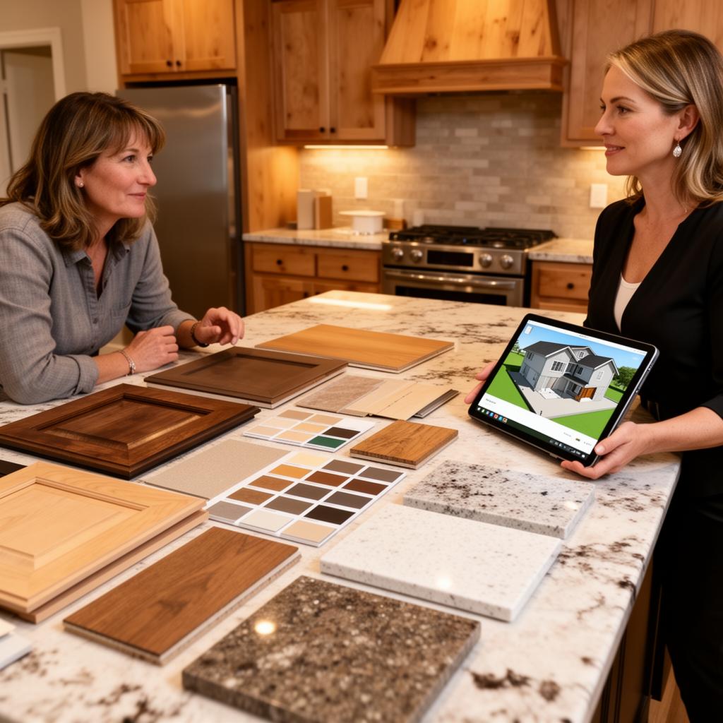 Interior design consultation with material samples at Fishsticks Flooring showroom in Waterloo Iowa