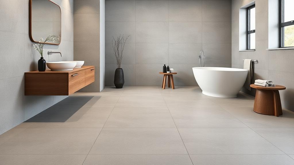 Large format tile flooring in a modern bathroom